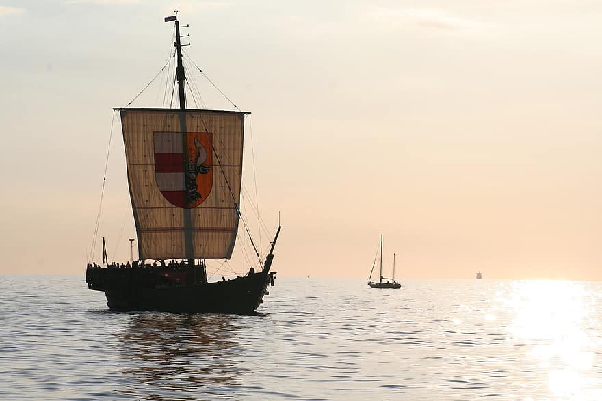 schip, vikingschip, hanse zeil, zonsondergang, rostock, Warnemünde, nautisch schip, zeilboot, het zeilen, zeilschip, jacht