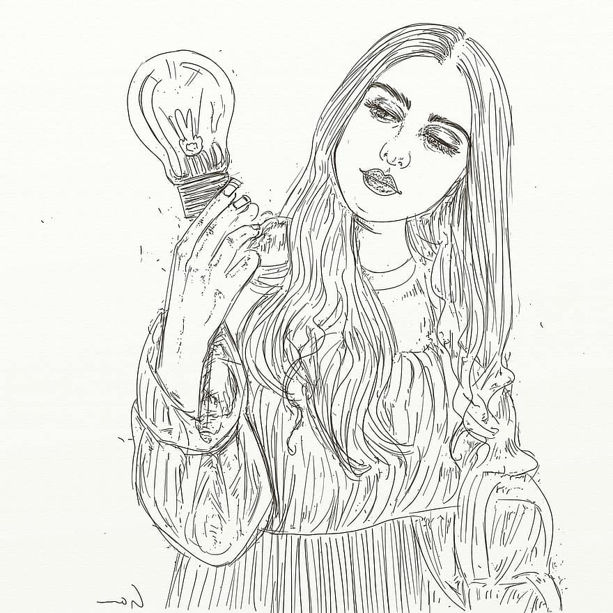 Girl, Light Bulb, Idea, Mystical, Horse, women, illustration, sketch, cartoon, doodle, adult