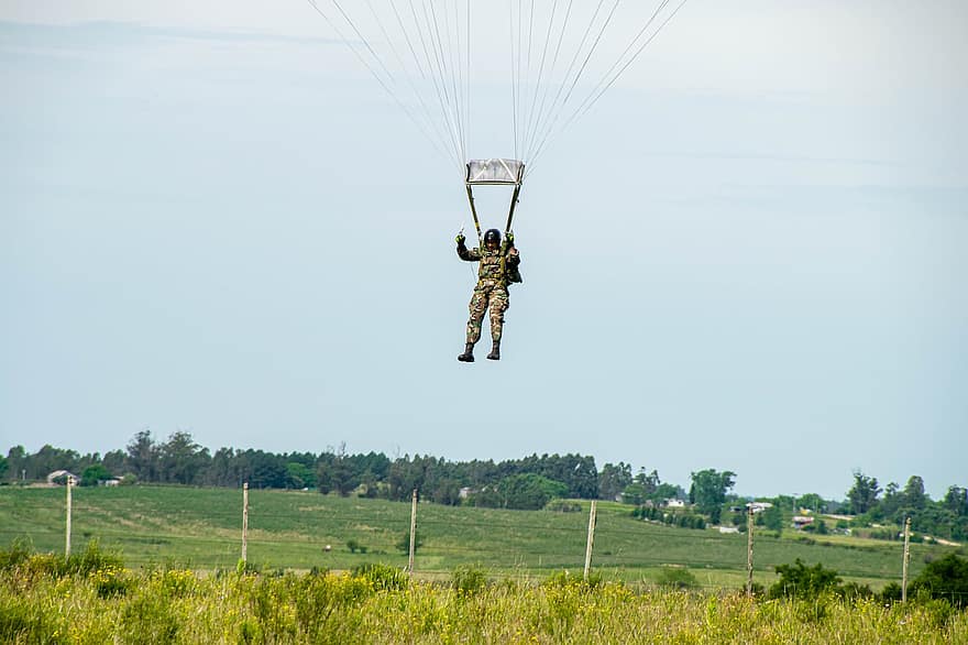 parachutiste, parachute, militaire, manoeuvres, tomber