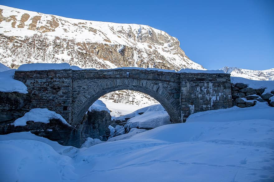puente, invierno, naturaleza, nieve, montaña, arco, paisaje, arquitectura, hielo, lugar famoso, azul