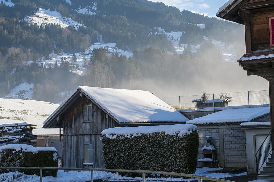 冬、タウン、スイス、雪、霧、家、山、雪が多い、屋外、コテージ、霜