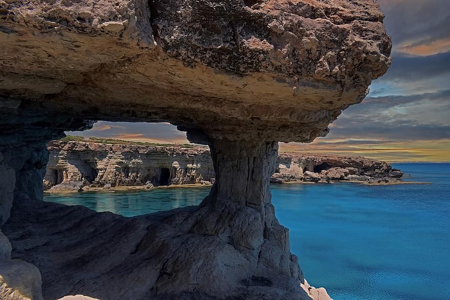 Cavo Greko, Cyprus, vorming, rots, venster, natuur, zee, landschap, reizen, klif, kustlijn