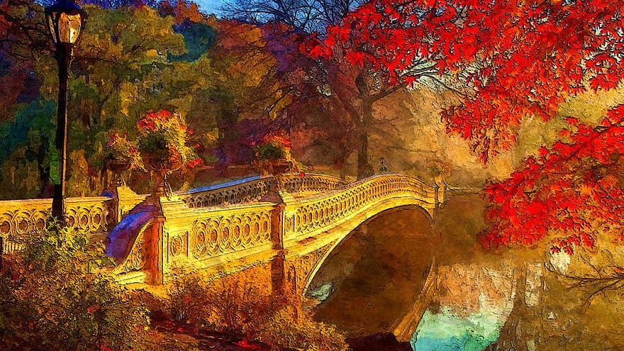 otoño, puente, antiguo, vendimia, al aire libre, parque, árbol, planta, agua, reflexión, flor