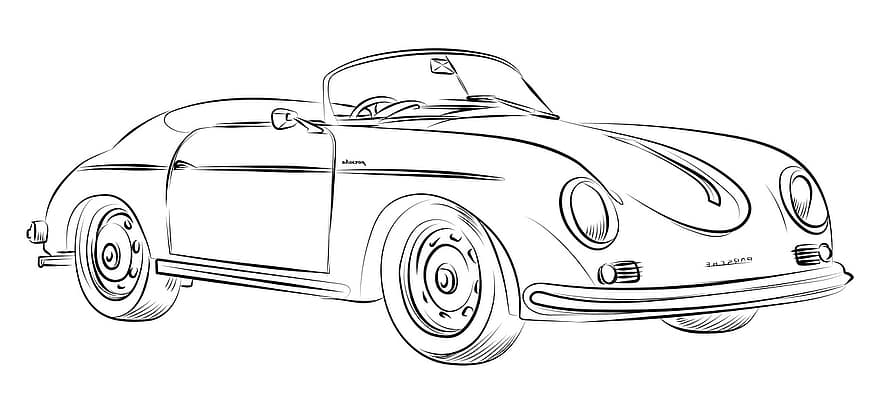 dessin, oldtimer, Porsche, auto, ancien, véhicule, conception, classique, rétro, automobile, art