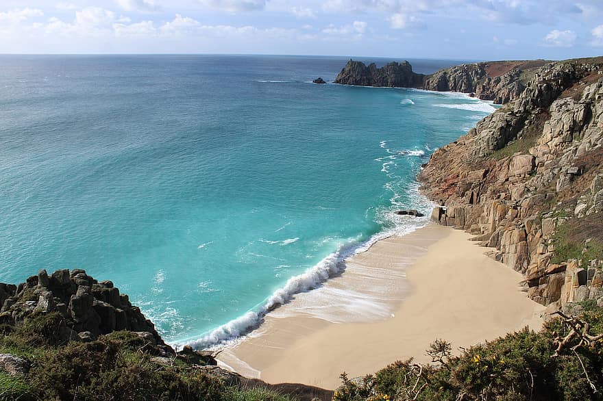 strand, kyst, klint, bølge, Cornwall, england, natur, landskab, breaking, rolig, uspoleret