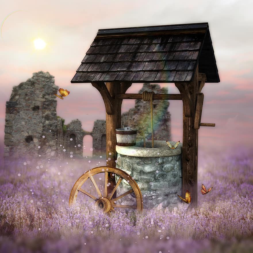 Fantasy, Wishing Well, Dreamy, rural scene, wood, old, summer, cottage, cultures, history, flower