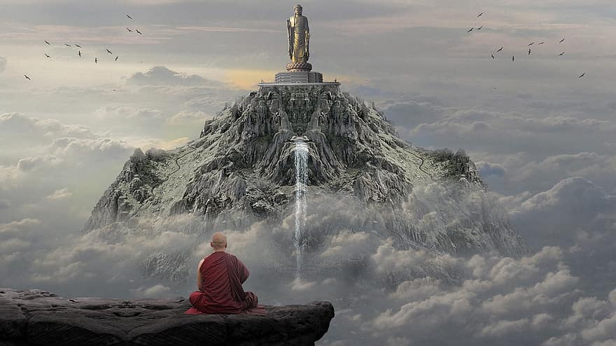budizmas, dangus, meditacija, debesys, kalnas, krioklys, fantazija, vienuolis, vyrai, religija, sėkmė
