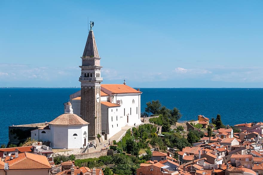 Nhà thờ Giáo xứ George, thị trấn, slovenia, piran, thánh đường, biển Địa Trung Hải, ngành kiến ​​trúc, tôn giáo, sự thánh thiện, nơi nổi tiếng, các nền văn hóa