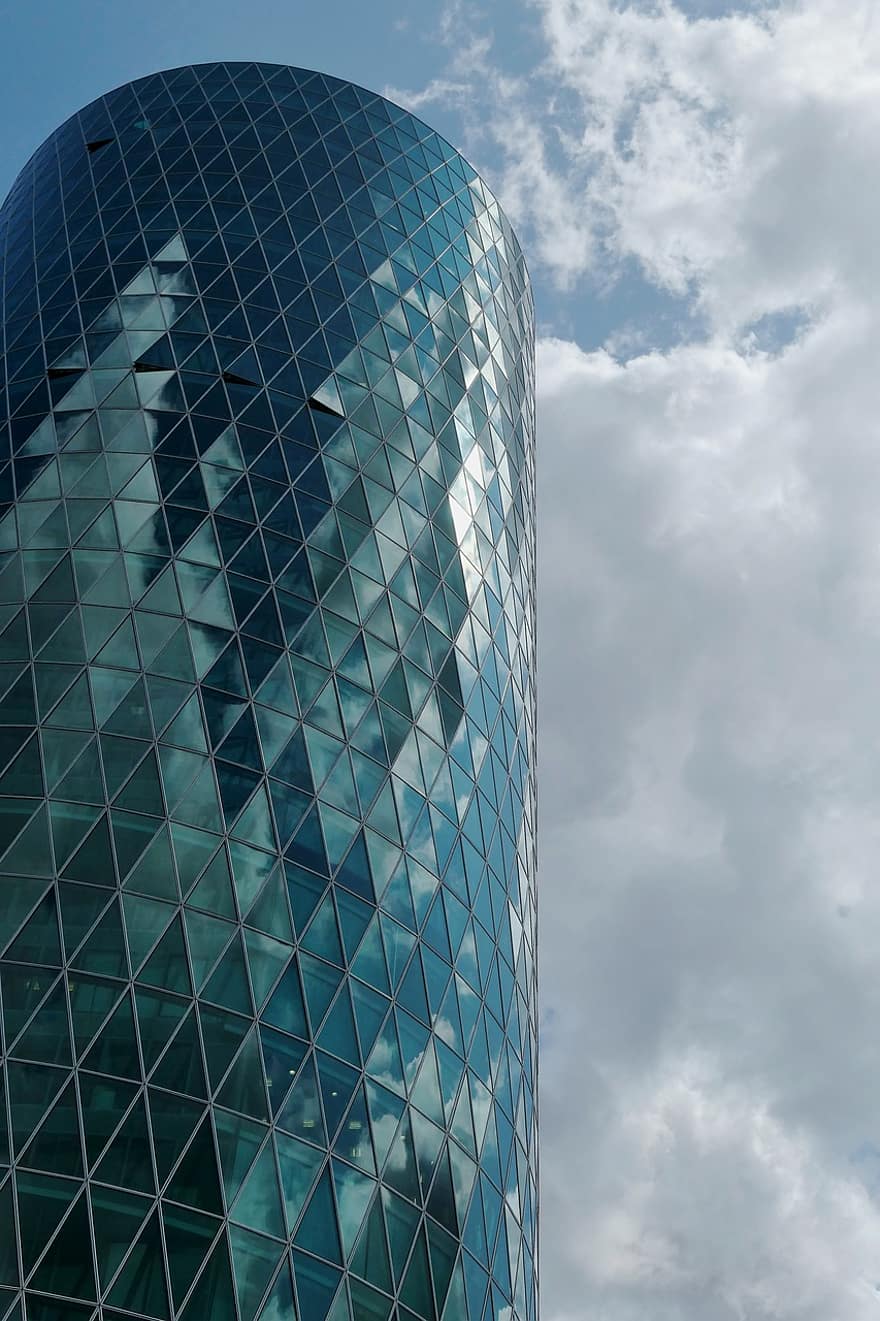 épülethomlokzat, magas emelkedés irodaház, üveg, épület, felhőkarcoló, építészet, irodaház, modern, város, Frankfurt, ablak