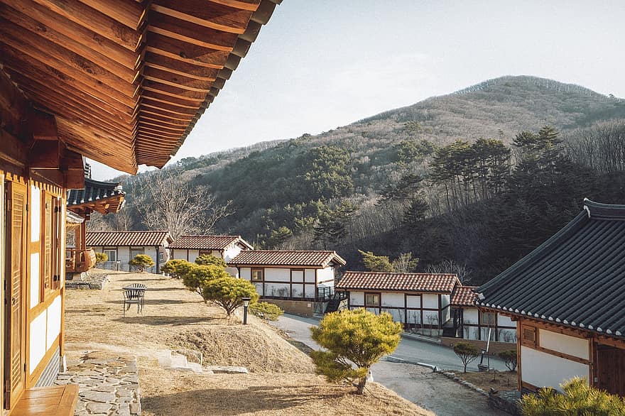 huis, gebouw, dak, traditie, berg-, Korea, landschap, reizen, natuur, architectuur, landelijke scène