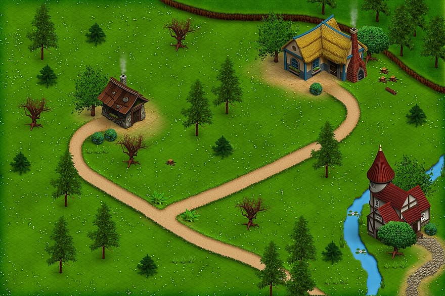 карта на играта, изометрични, сграда, карта, зелен, средновековен, къща, карикатура, пейзаж, текстура, зелена къща