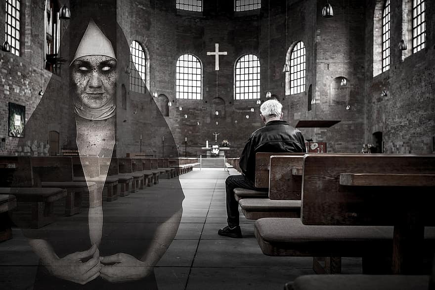 spöke, skrämmande, nunna, Foto, religion, kyrka, Grå kyrka