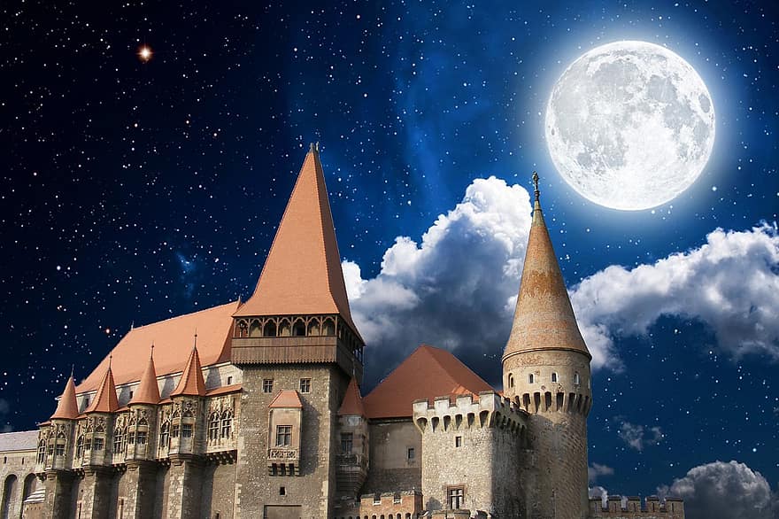Zamek Corvins, zamek, księżyc, nocne niebo, architektura, średniowieczny, Zamek Hunyadi, Zamek Hunedoara, noc, gwiazdy, chmury
