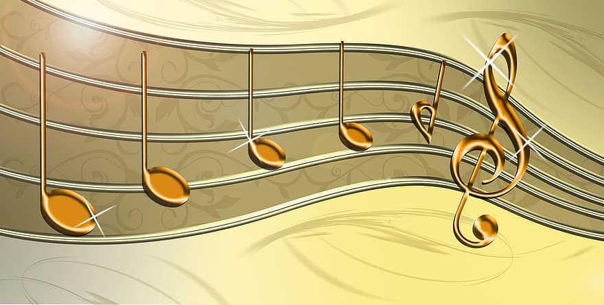 Music, Staves, Clef, Background Image, Gold, Beige, Brown, Ornament, Compose, Sheet Music, Composition