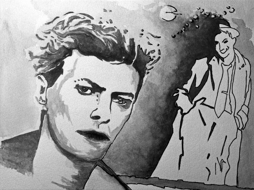 disegno, ritratto, personaggio, acquerello, David Bowie, bianco e nero