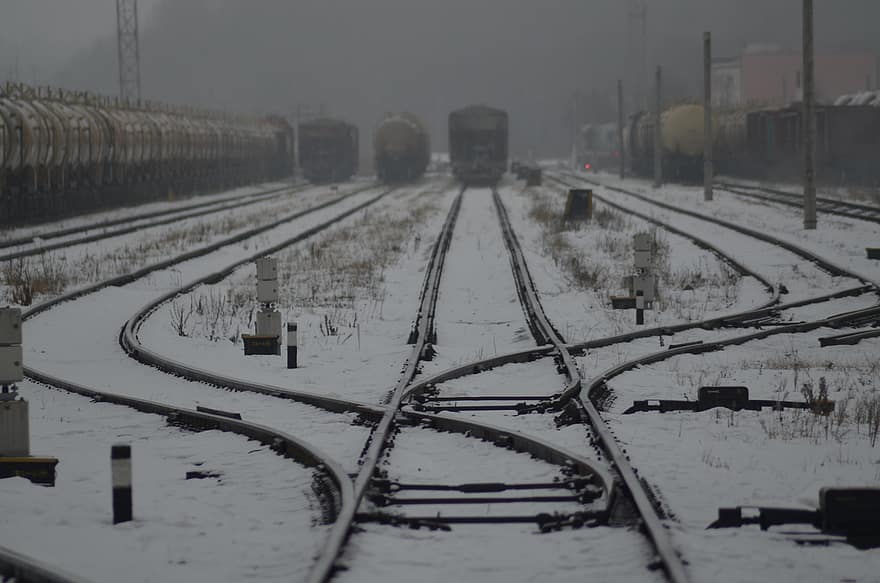 ทางรถไฟ, การขนส่งทางรถไฟ, ขนส่ง, หิมะ, หนาว, รางรถไฟ, การขนส่ง, อุตสาหกรรม, โหมดการขนส่ง, จุดที่หายไป, ฤดูหนาว