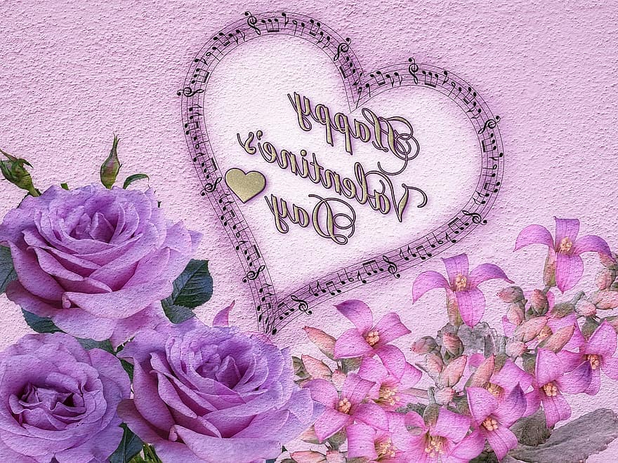 carte de valentine, La Saint Valentin, amour, cœur, romance, fleurs, des roses, rose, violet, la musique, photomontage