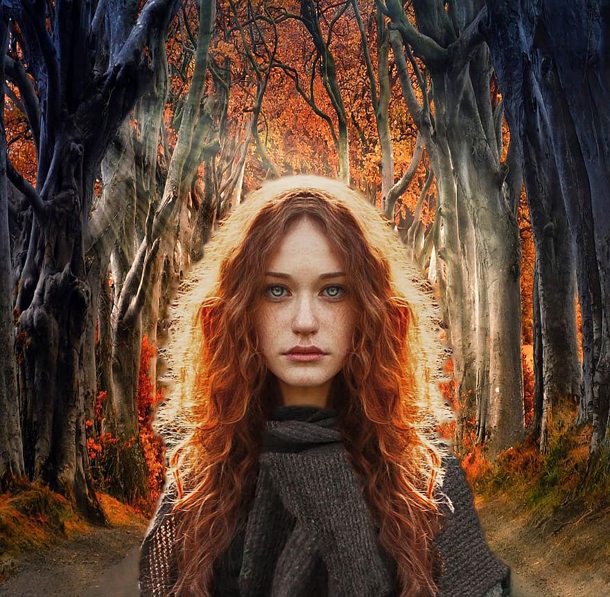 Kadın, avatar, bayan, kız, kızıl saçlı, orman, fantezi, doğa, fotomontaj, İrlanda, ciddi