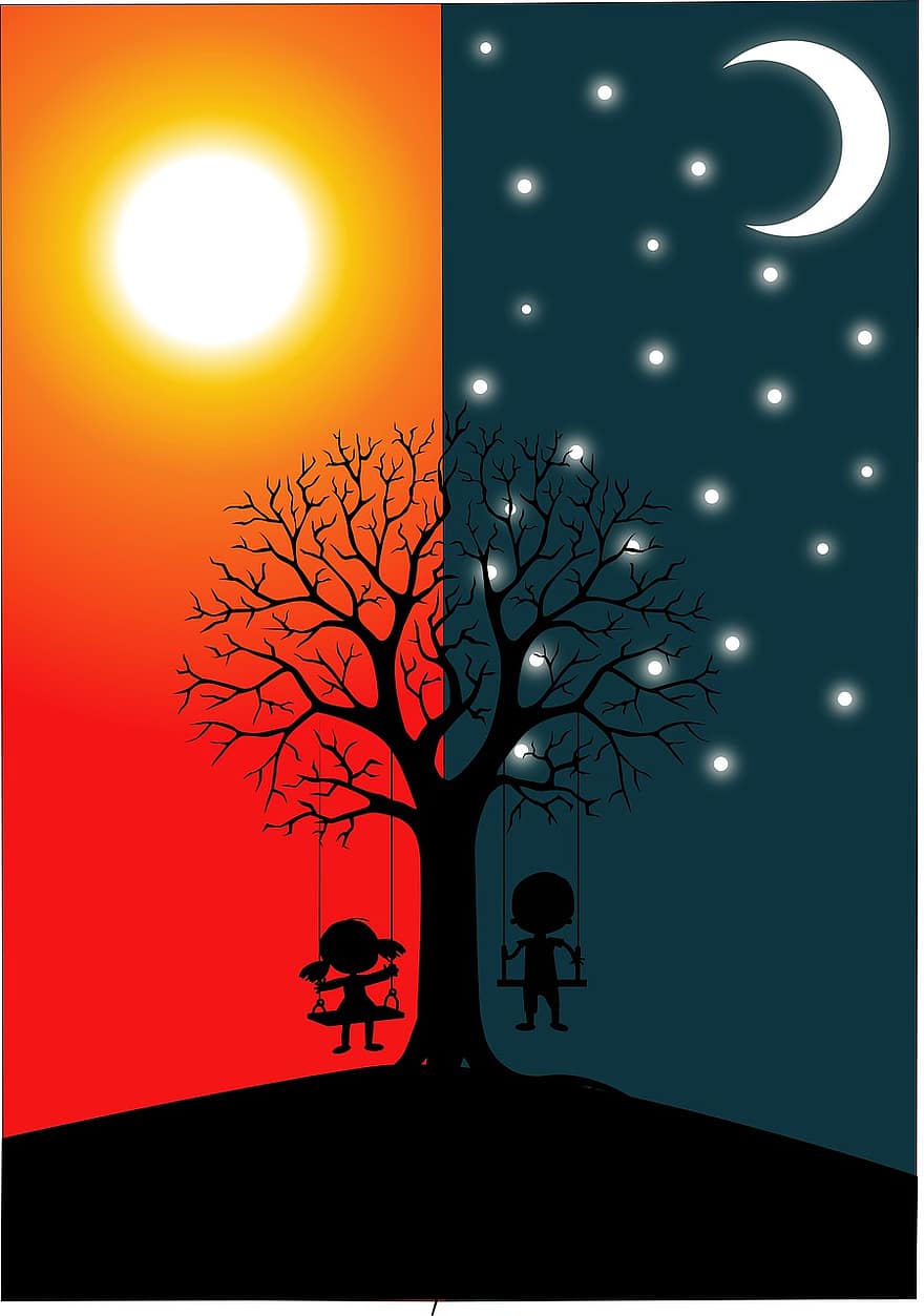 chłopak, dziewczynka, huśtawki, drzewo, gałęzie, gwiazdy, księżyc, słońce, ranek