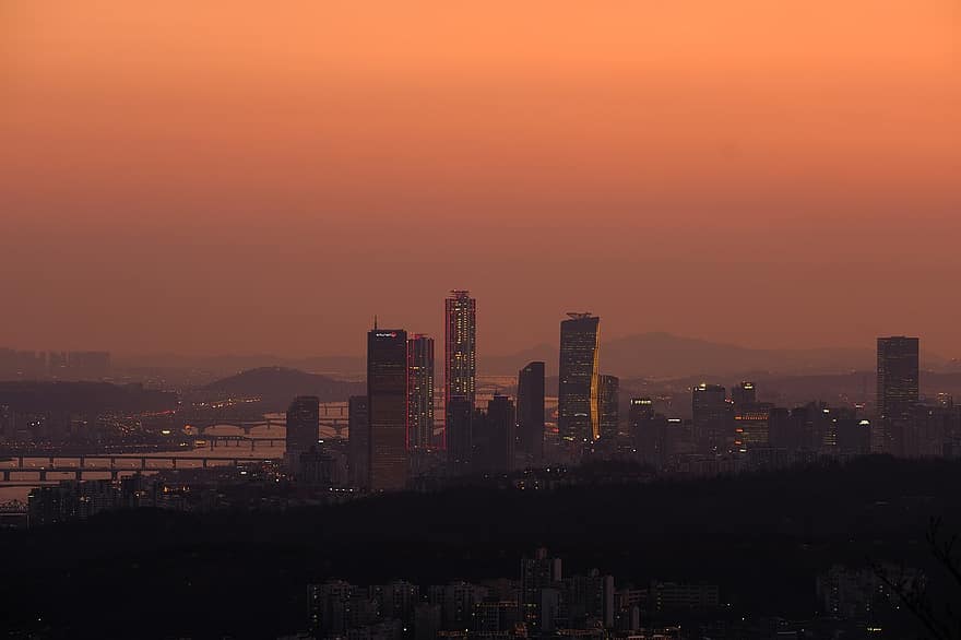 stad, seoel, zonsondergang, landschap, schemering, Han rivier, Yeouido, avond, nacht, schemer, Zuid-Korea