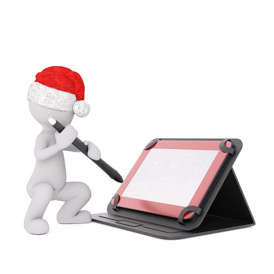 hombre blanco, modelo 3d, cuerpo completo, 3d, blanco, aislado, Navidad, sombrero de Santa, tableta, ipad, i-pad