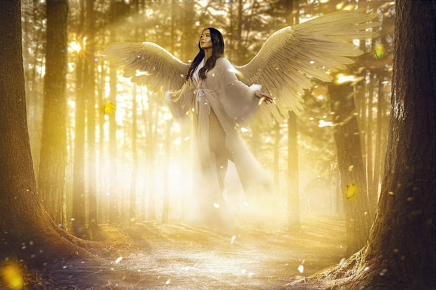 nainen, enkeli, keijukainen, metsä, maalaus, hengellisyys, mystinen, taika-, epätodellinen, kaunokirjallisuus, auringonvalo
