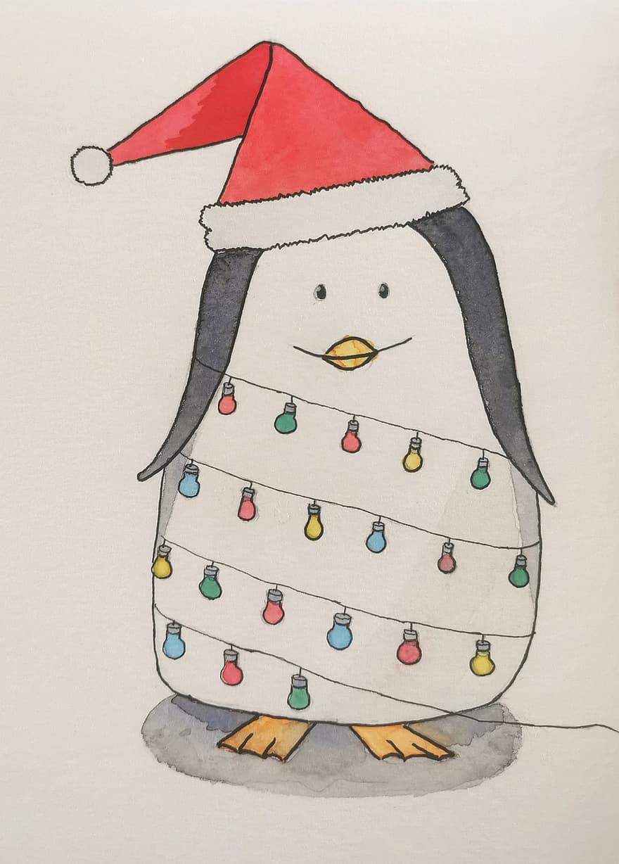 Natale, pinguino, luci fatate, Santa, inverno