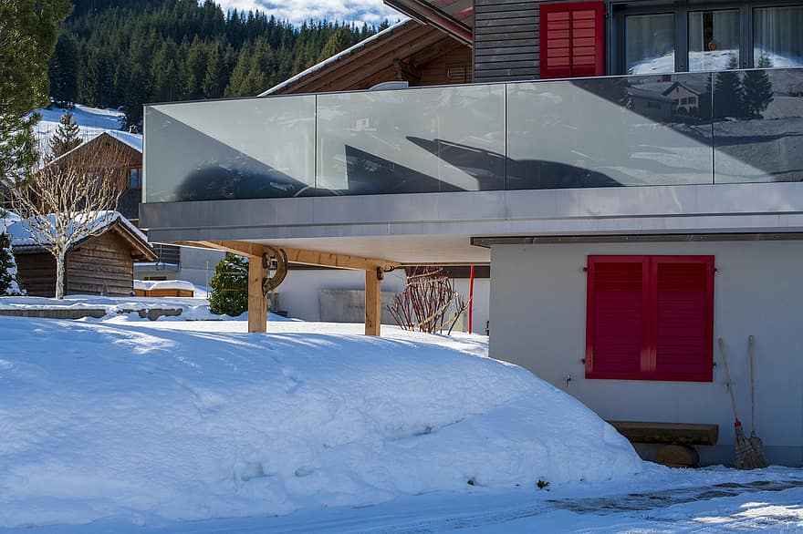 rumah, Desa, musim dingin, salju, jalan masuk, snowdrift, pegunungan Alpen, kota, brunni, kanton schwyz, swiss