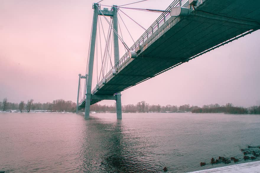 мост, река, рассвет, утро, дорожный мост, подвесной мост, воды, Енисейская