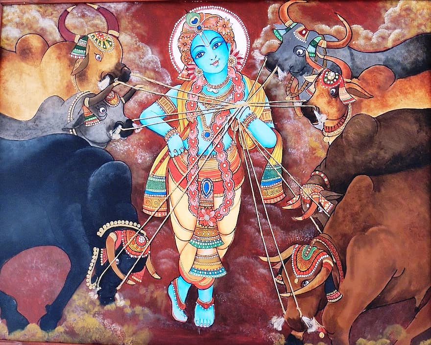 pintura, arte, mural, tela de pintura, cultura, mitologia, Krishna, Deus, antigo, hindu, hinduísmo