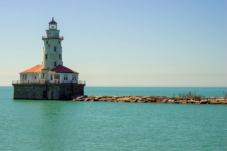 Lighthouse, Tower, Building, Ocean, Coast, Light, House, Sea, Lake, Lake Michigan, Chicago