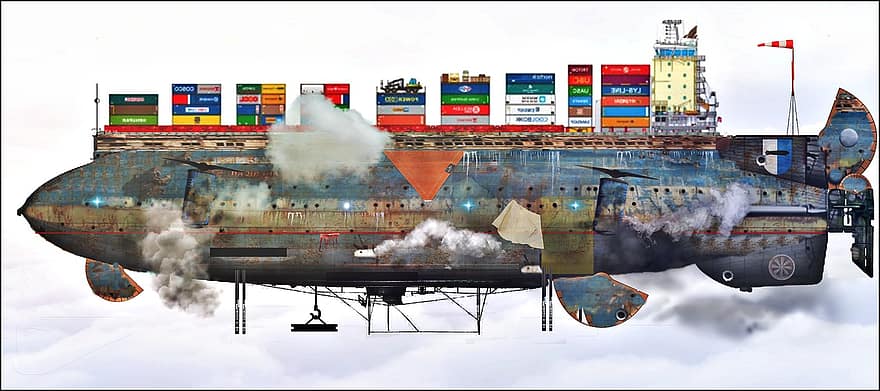 sterowiec, steampunk, Fantazja, Dieselpunk, Atompunk, fantastyka naukowa, przemysł, transport, Wysyłka , kontener ładunkowy, transport towarowy