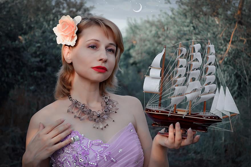dona, model, veler, vaixell, figura, bosc, lluna, flor, corset, fantasia, màgia