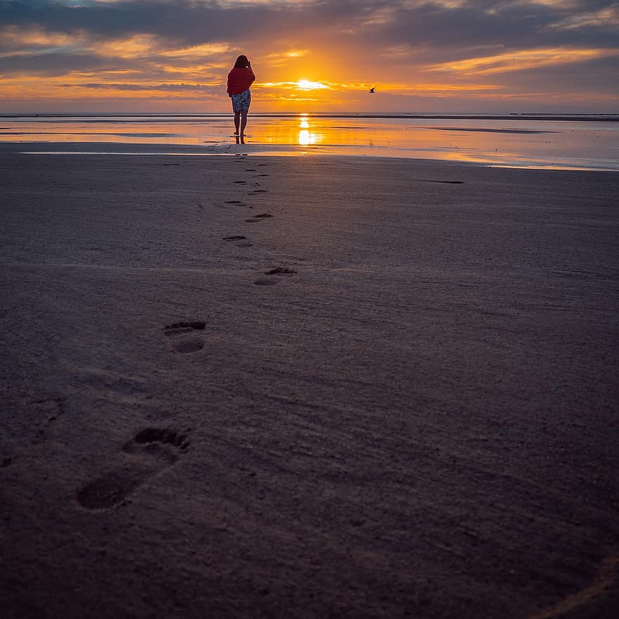 nainen, auringonlasku, jalanjäljet, ranta