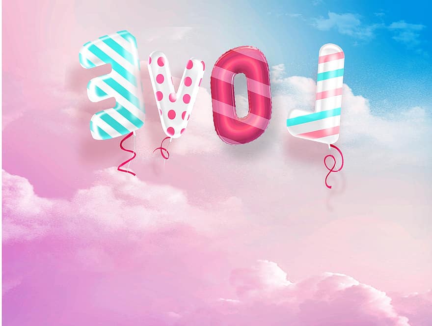 Love, Romance, Balloons, Clouds, Celebration, Valentine's Day, Pink, Light Blue, Text, Space
