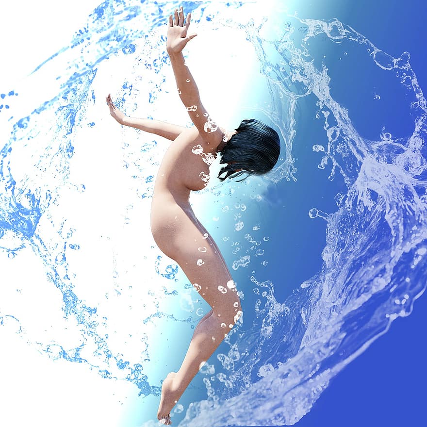 naakte vrouw, water, vrouwelijk lichaam, zee, oceaan, blauw, vrouw, volwassen, onderwater-, beweging, een persoon
