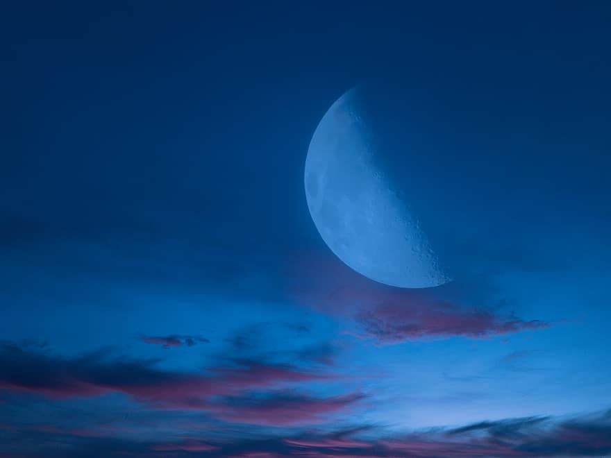 mặt trăng, nửa mặt trăng, buổi tối muộn, đêm, bầu trời, ánh trăng, thiên văn học