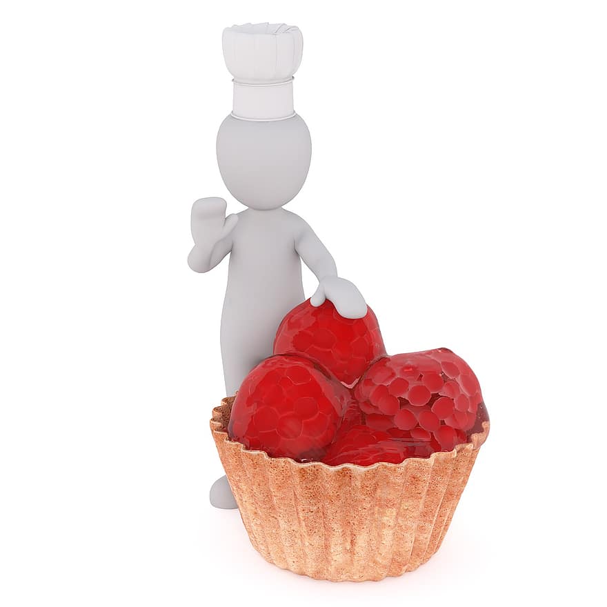 kue, Tartlet raspberry, menghias, kue kering, makan, melayani, manis, makanan manis, laki-laki kulit putih, Model 3d, terpencil