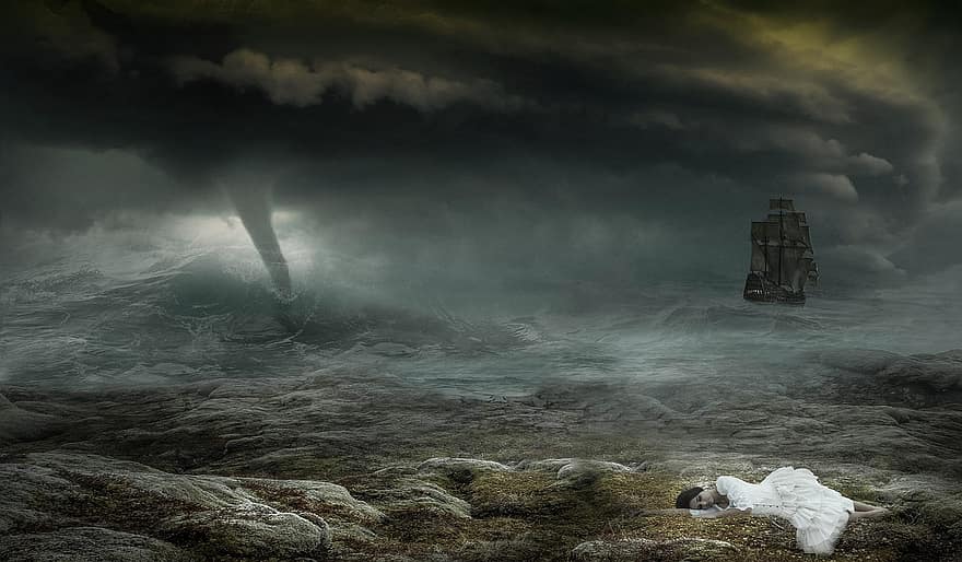 Hintergrund, Fantasie, Sturm, Wasser, Schiff, Frau, Land, digitale Kunst