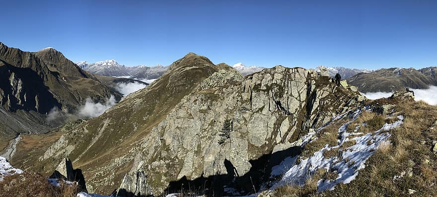 A Piz Ault felé, alpesi útvonal, Alpok, séta, ég, felsők, kirándulások, túrázás, hegyek, természet, felhők