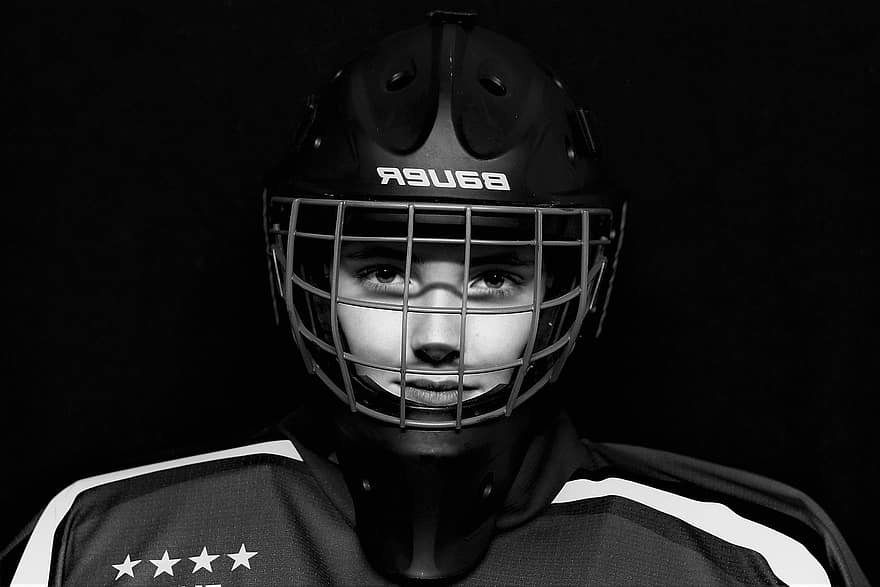 Ice Hockey, Goalkeeper, Sports, Player, Monochrome, one person, sport, looking at camera, sports helmet, black and white, portrait