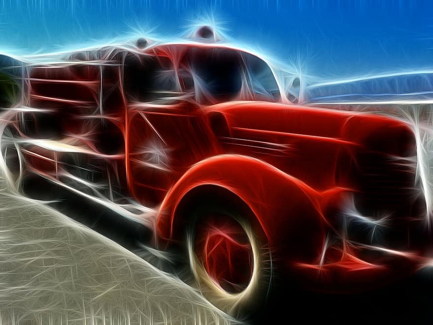 Feuerwehrauto, Kunstwerk, Fahrzeug, fraktal, rot, Transport, technisch, alt, Erbe, surreal, Grafik