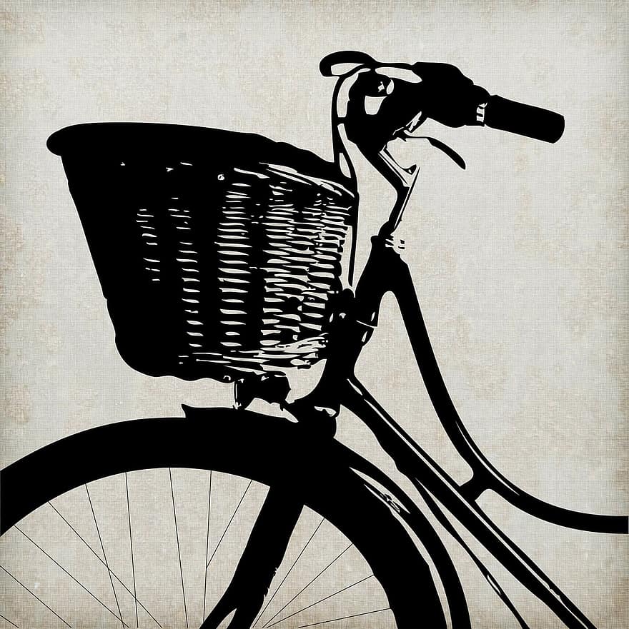 自転車、ビンテージ、古い、古風な、レトロ、グランジ、リネン、バックグラウンド、黒、シルエット、閉じる