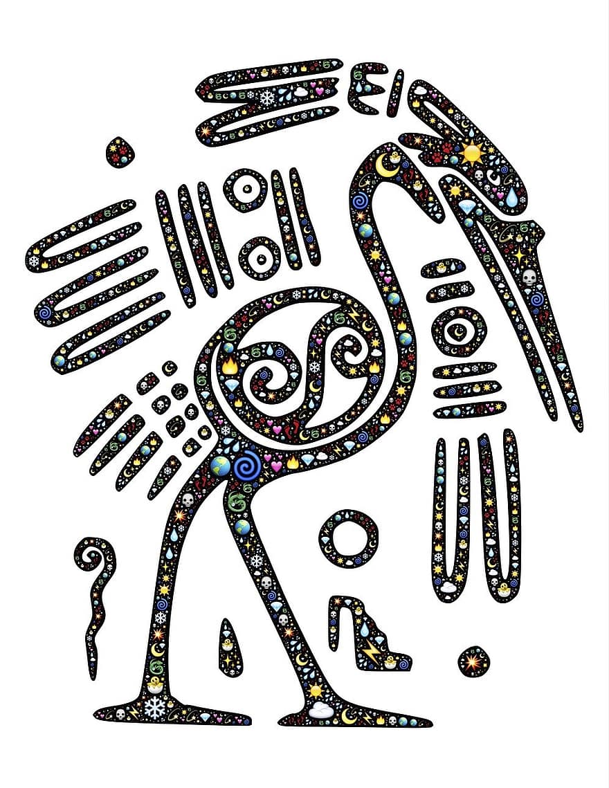 putns, Mayan, emoji, raksturs, krāsains, meksikāņu, senais, amerikāņu, kultūra, indiānis, simbols