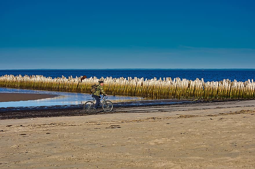 Fehér-tenger, strand, tenger, nyári, homok, víz, kerékpár, kerékpározás, kék, vakáció, tengerpart