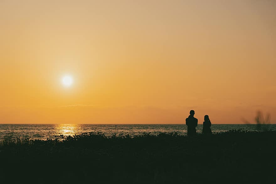 saulėlydis, jūros, žmonių, pajūrio, romantiškas, saulė, vanduo, atspindys, švyti, Kipras, horizonto