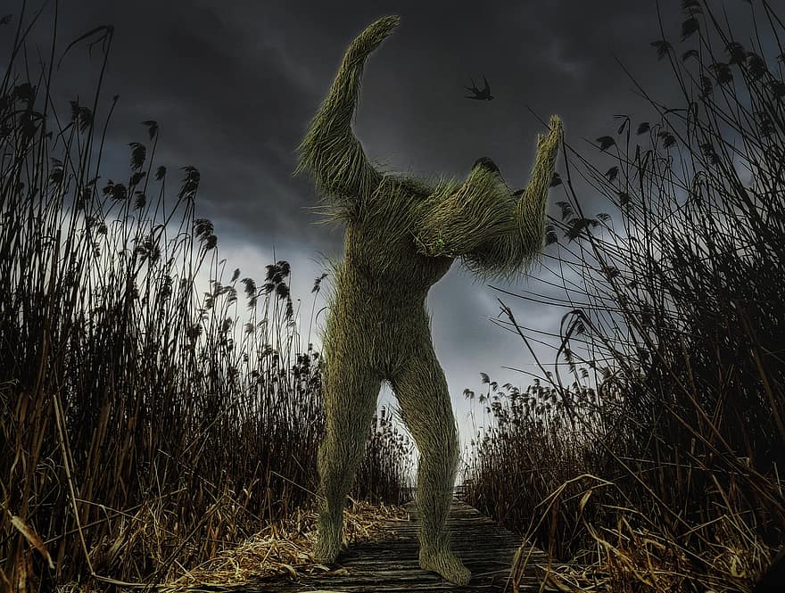 Mythical Creature, Fantasy, Storm, Nature, Field, Reeds, grass, illustration, animals in the wild, men, toy