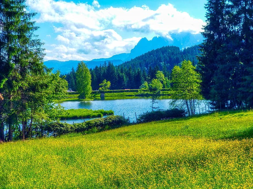 hồ nước, núi, Thiên nhiên, rừng, nông thôn, ngoài trời, du lịch, phong cảnh, mùa hè, màu xanh lục, cỏ