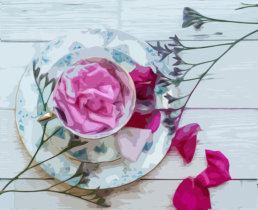 Rose, blomst, romantik, bryllup, kærlighed, vintage china, kop og tallerken, blå blomster, Forglem-mig-knuder, kronblade, blå kærlighed