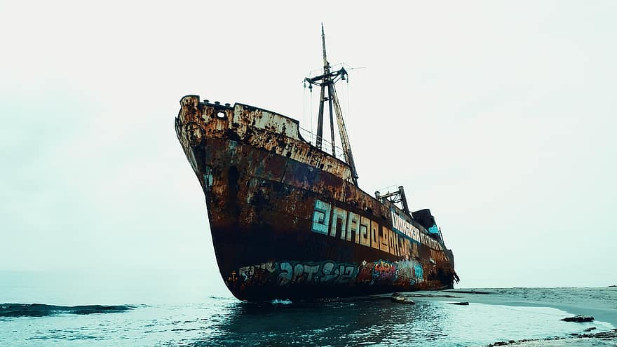 navio, destruir, de praia, mar, ferrugem, abandonado, dilapidado, sucatear, metal, ferro, methoni